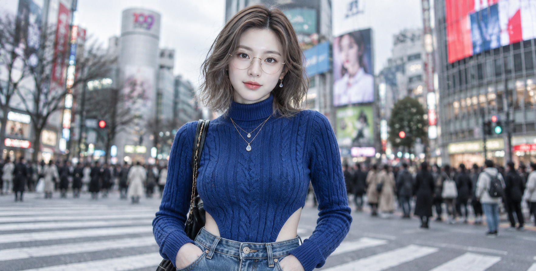 涩谷街头深蓝针织衫女性胶片写真