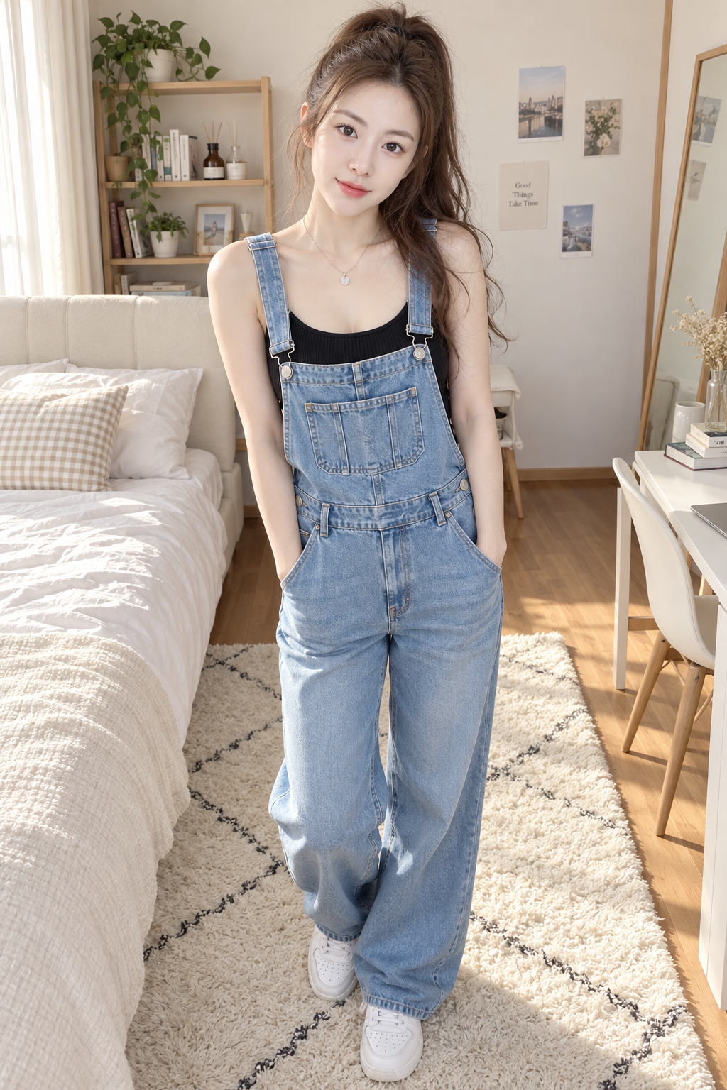 Photo lifestyle en pied d'une femme adulte en salopette en jean dans une chambre