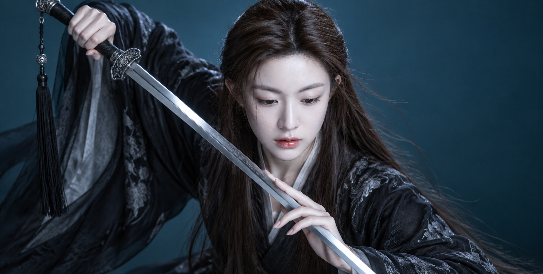 Gros plan sur un épéiste wuxia en blanc