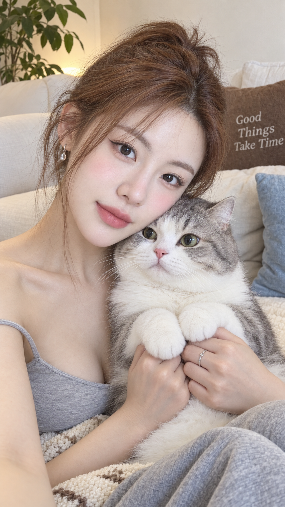 Hyperrealistic Home Self-Portrait of a Girl with Her Cat