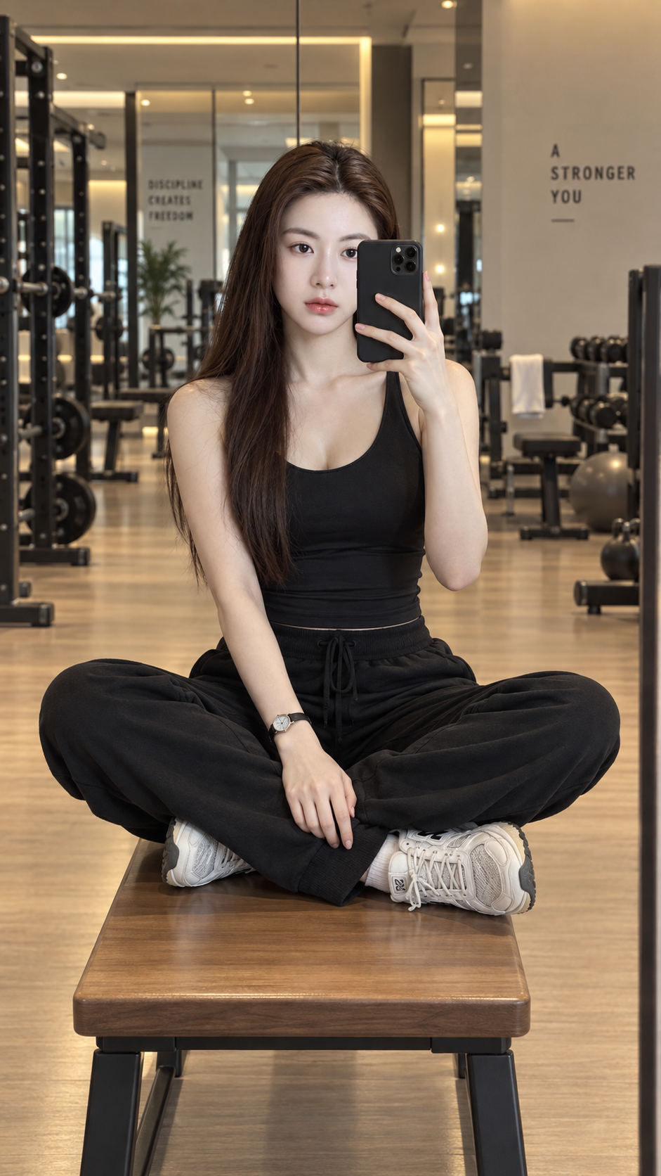 高級ジムの鏡の前で自撮りするおしゃれな女性