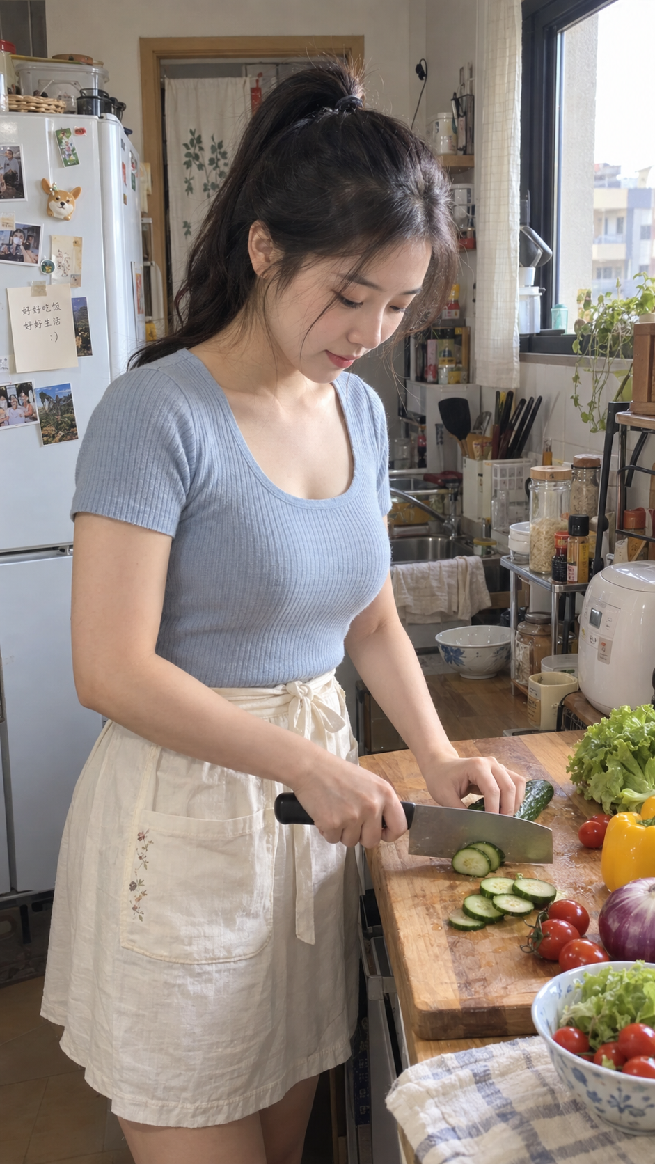 柔らかな光のCCD風キッチンで料理する成人女性の写真