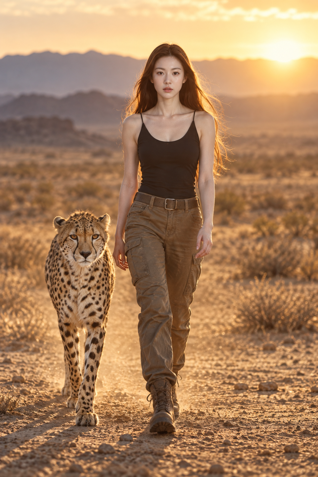 Cinematic Moment of a Woman Walking with a Cheetah in a Golden Wilderness