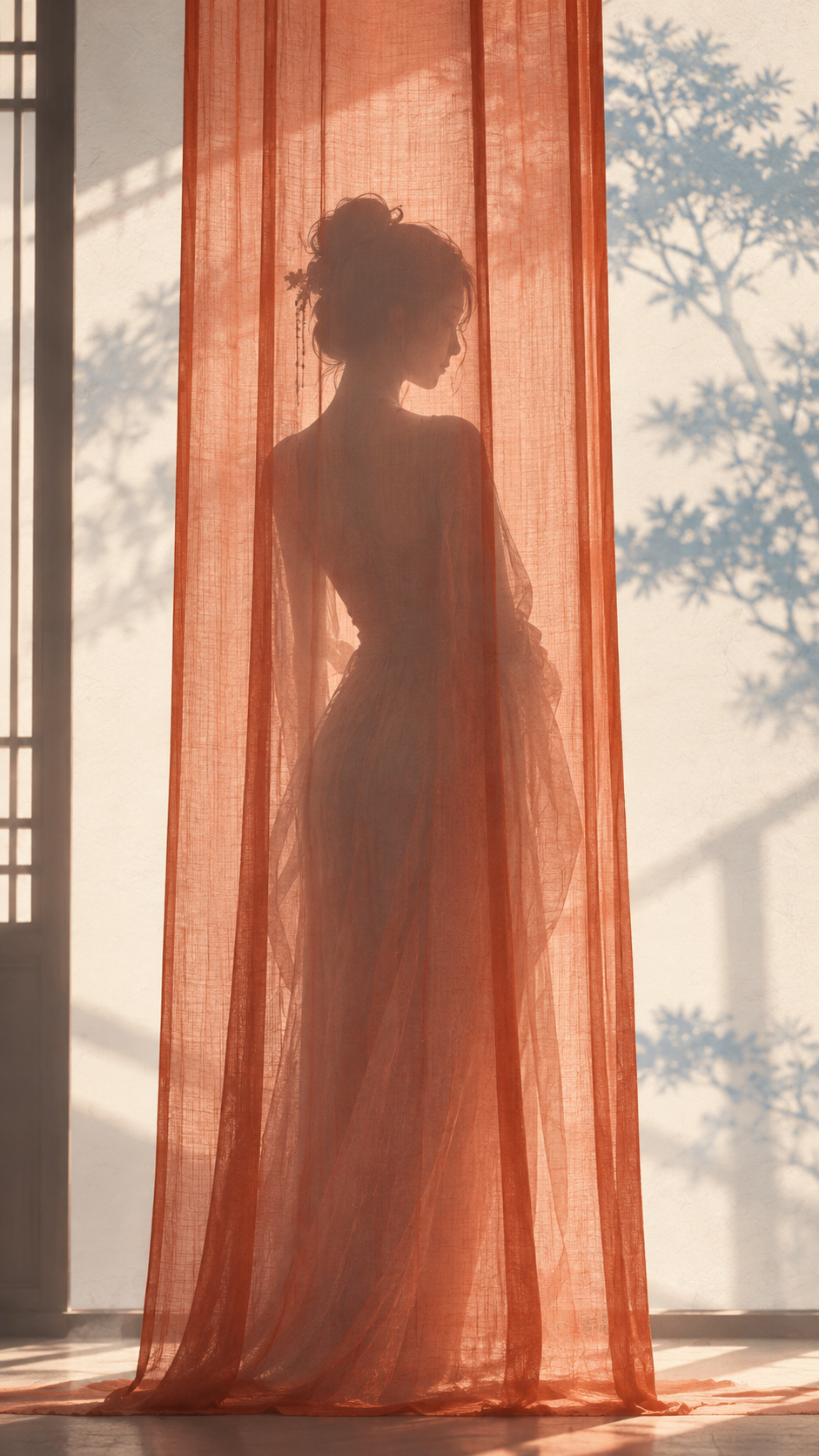 Eastern Zen Minimalist High-Contrast Silhouette Behind Sheer Curtain Poster