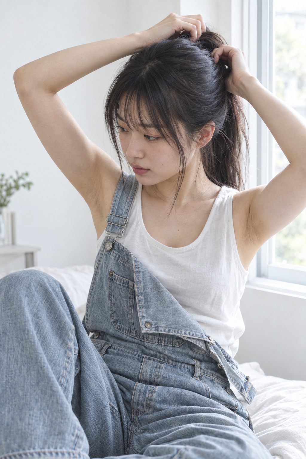 窓辺のミニマルな白い部屋 日系リアル女性ポートレート写真