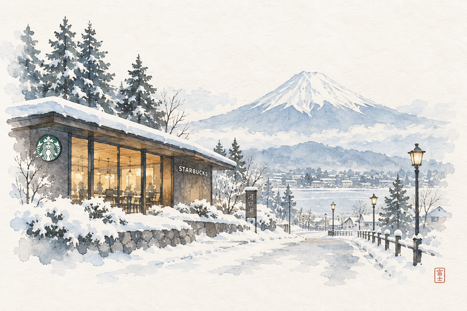 Illustration aquarelle japonaise d'un Starbucks au mont Fuji