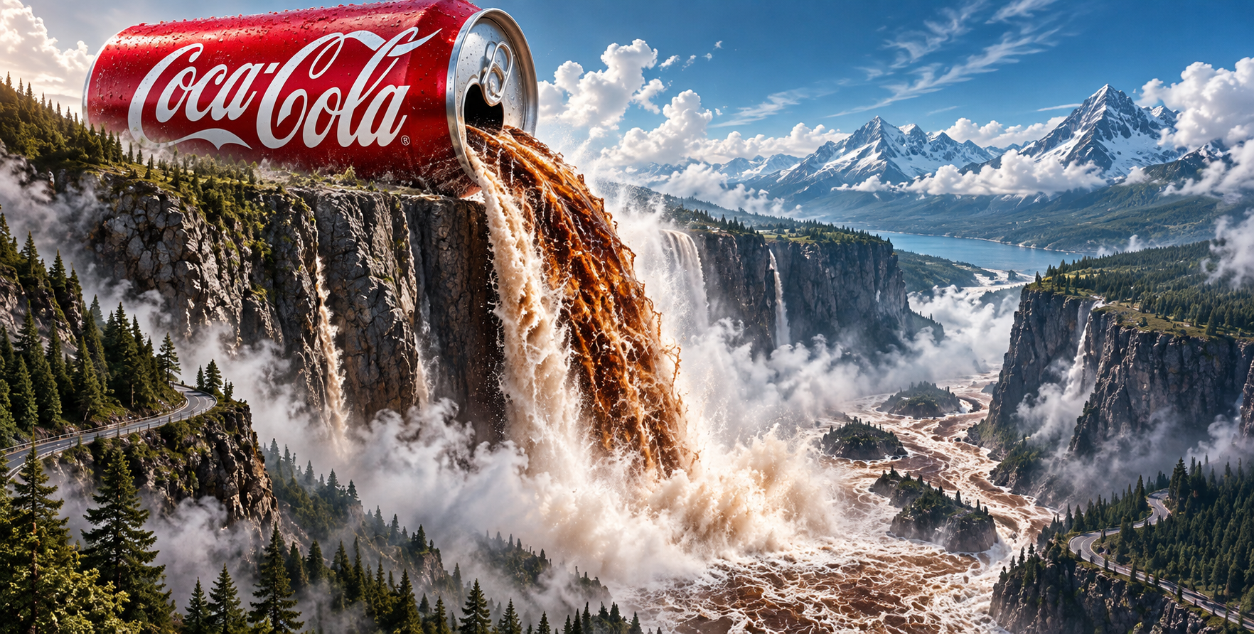 Spectacle surréaliste d'un canyon avec une canette de cola géante qui se déverse