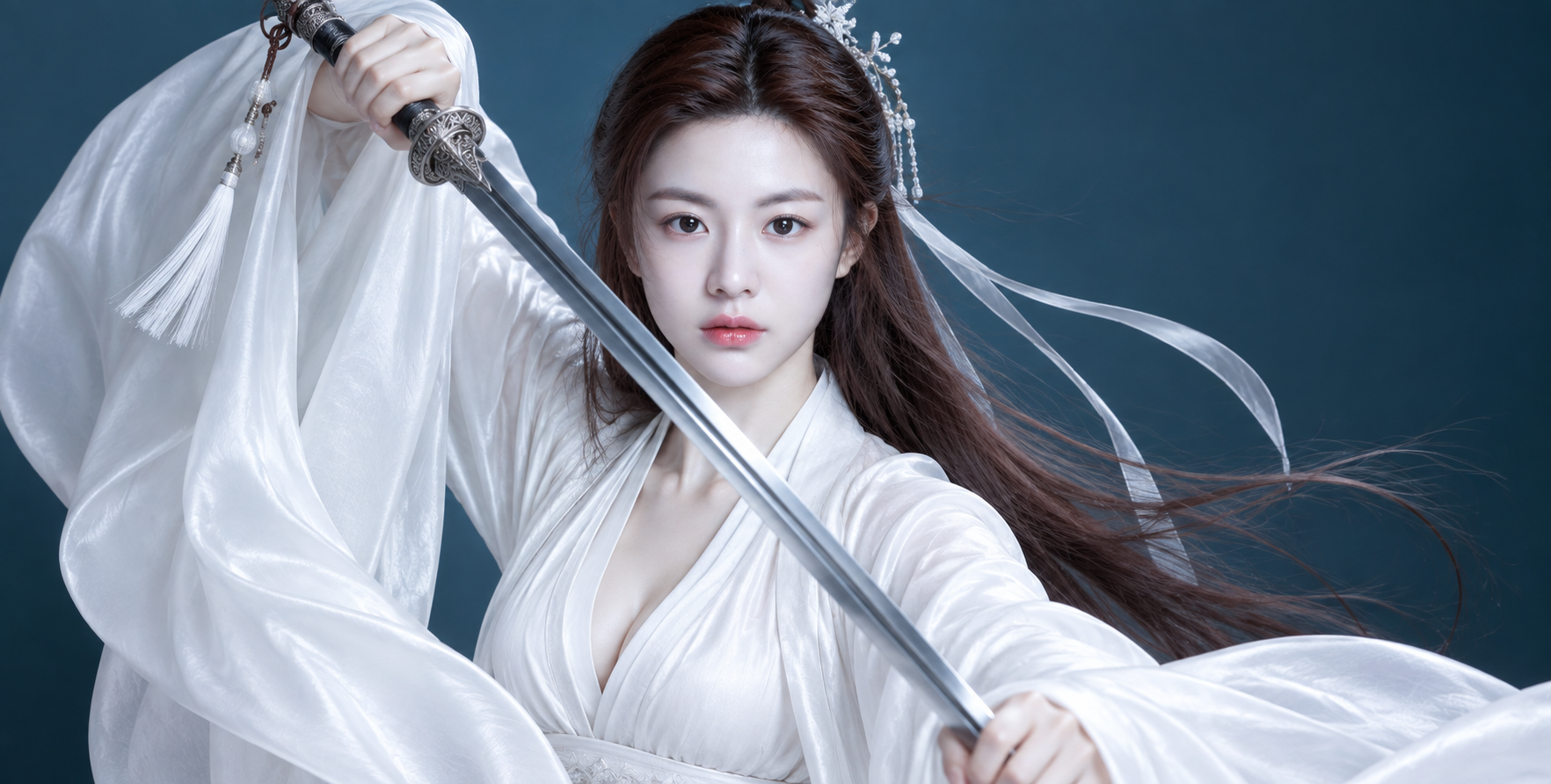 Gros plan sur un sabreur wuxia oriental en blanc