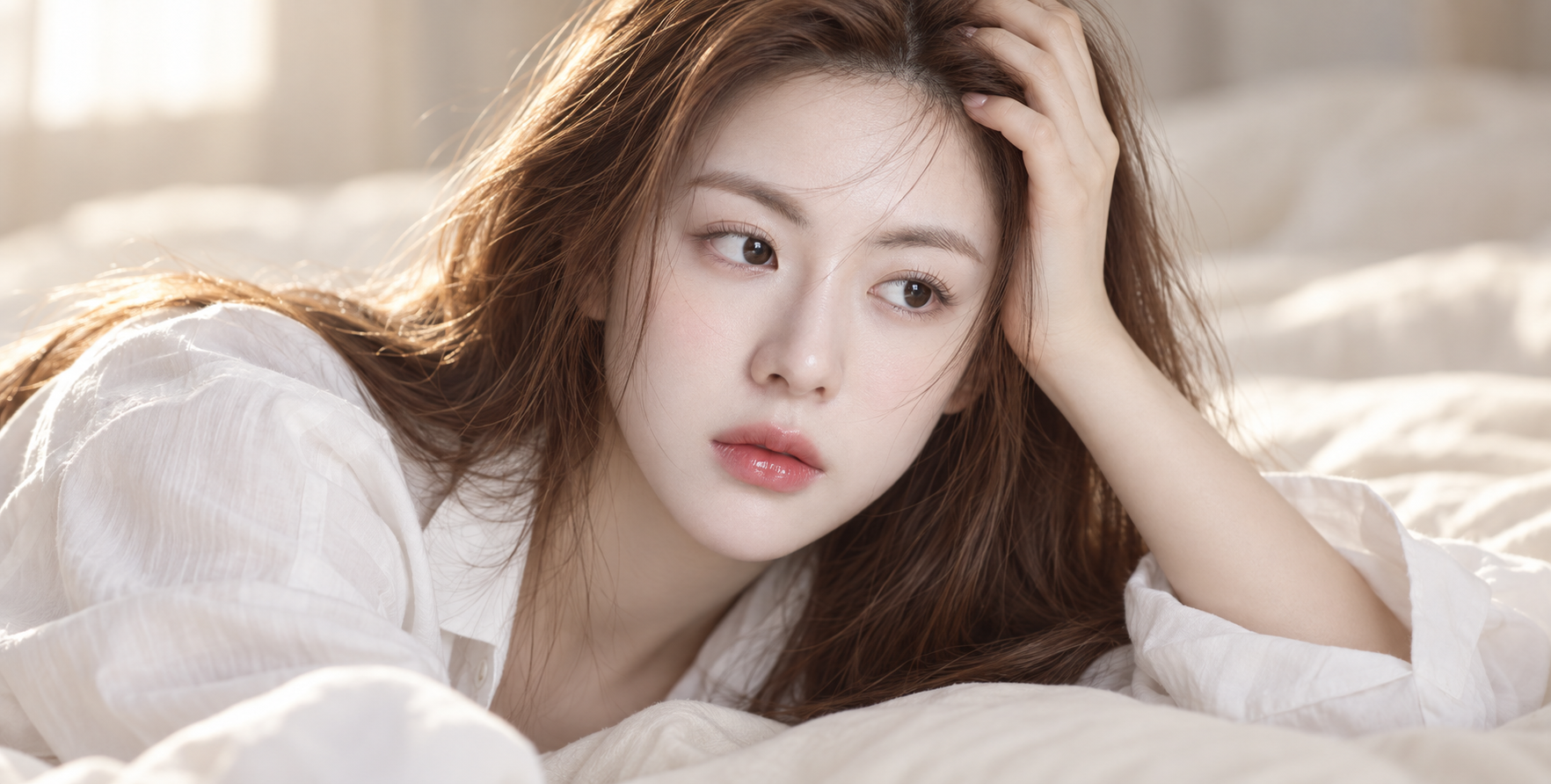 Portrait de beauté onirique d'une femme adulte sur un lit crème