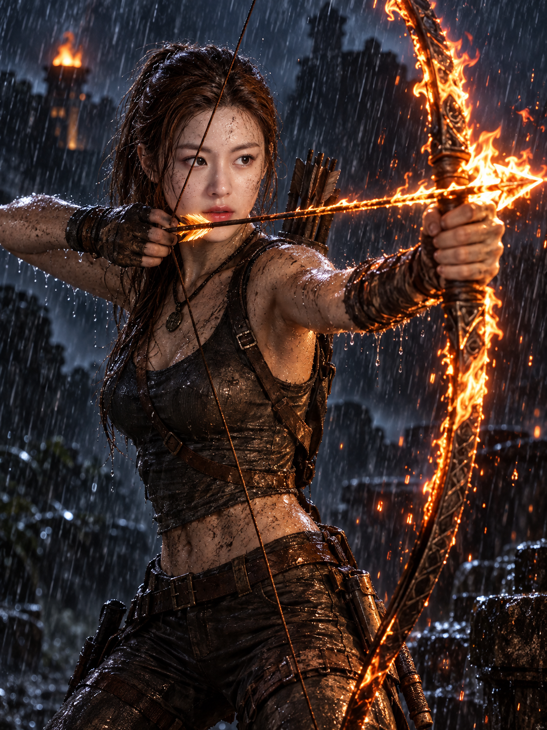 Intense Moment of Lara Holding a Burning Bow and Arrow on a Stormy Night