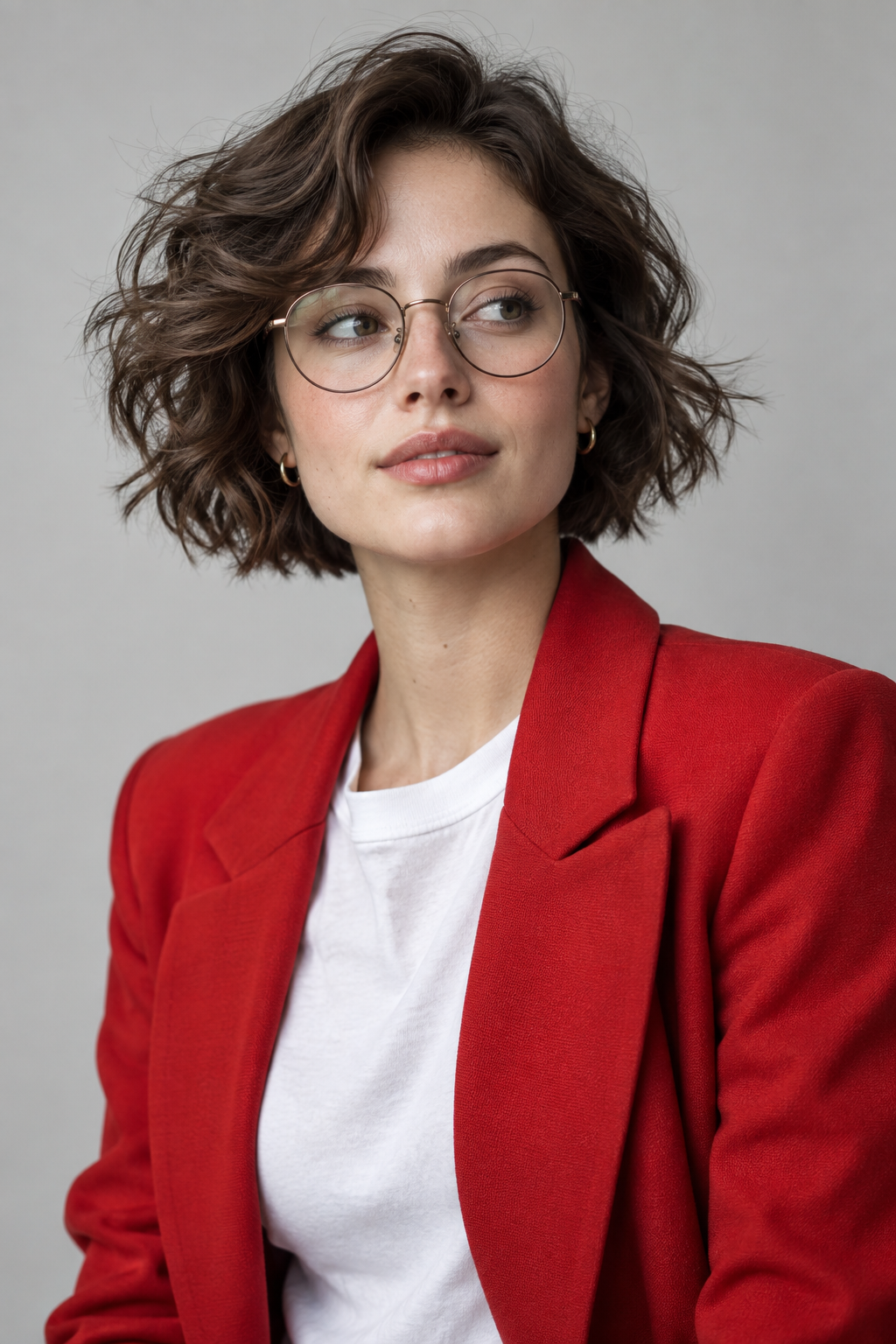 Portrait mode en veste rouge en studio minimaliste