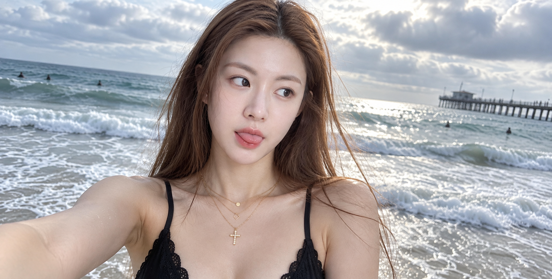 大人の女性のビーチで遊び心のある自撮りポートレート — AI image creation