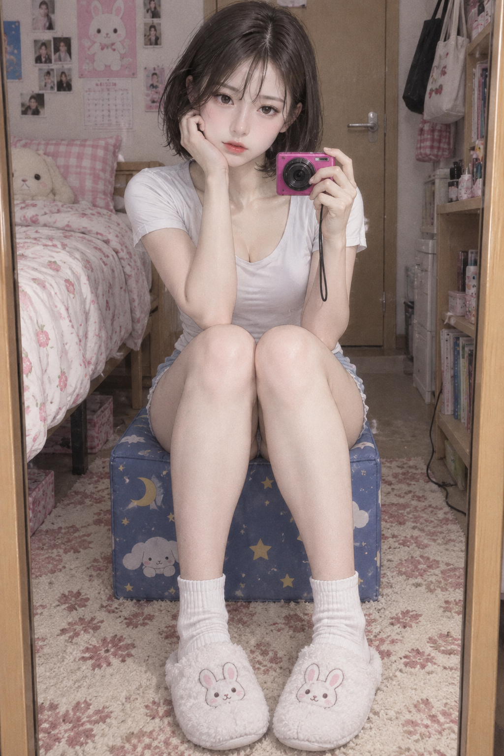 超写実的な和風寝室の鏡越し自撮り写真
