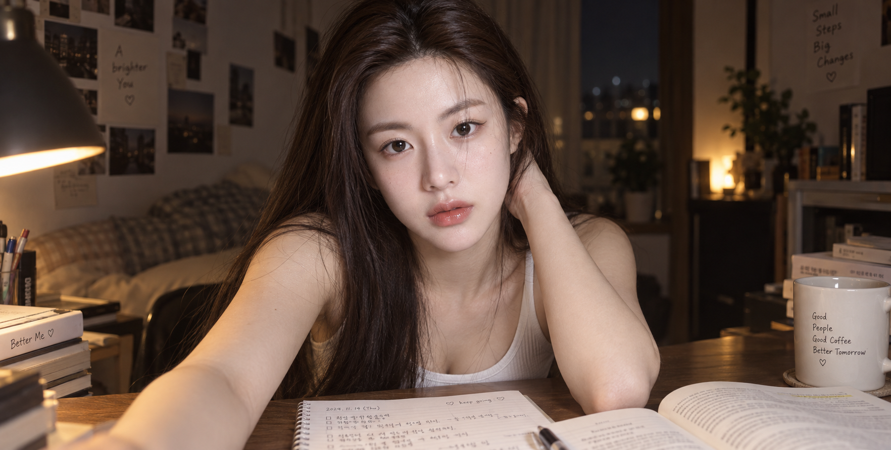深夜の書斎、木の机に向かう若い女性のスナップポートレート