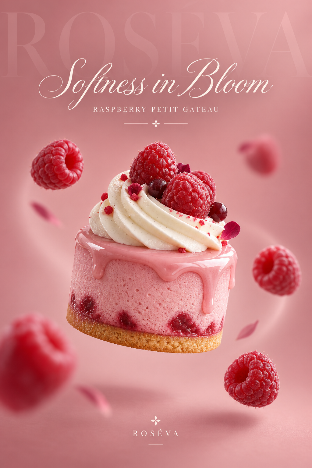 Affiche de photographie commerciale de dessert français haut de gamme aux framboises ROSÉVA