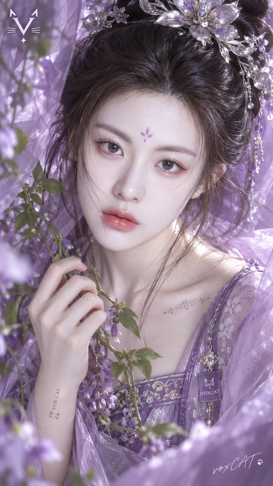 東洋幻想 冷たい紫調の花神ポートレート クローズアップ