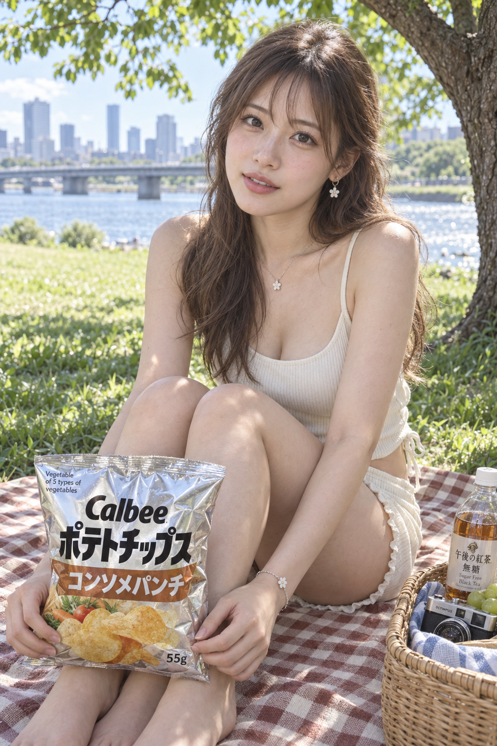 川辺の木陰で夏のピクニック 大人女性のポートレート