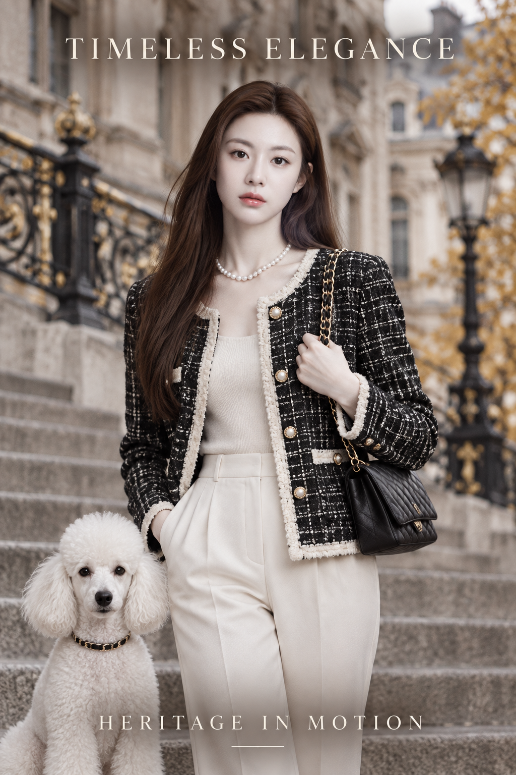 Áp phích thời trang cổ điển không thương hiệu trên cầu thang Paris