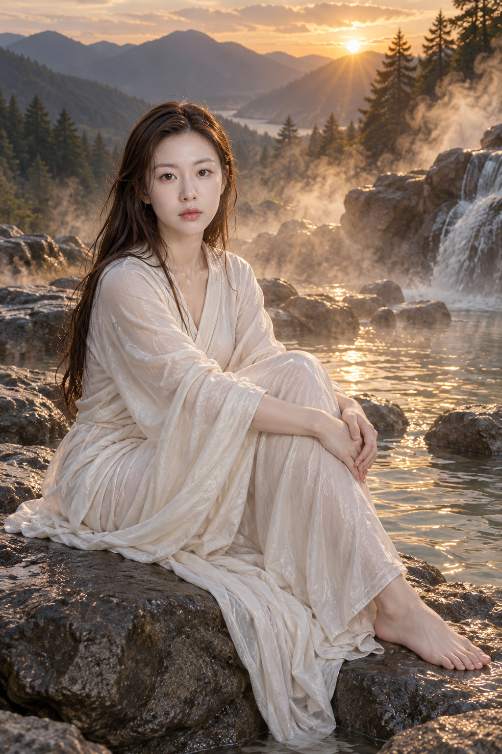 Photographie réaliste d'une femme d'Asie de l'Est dans une source thermale de montagne au coucher du soleil