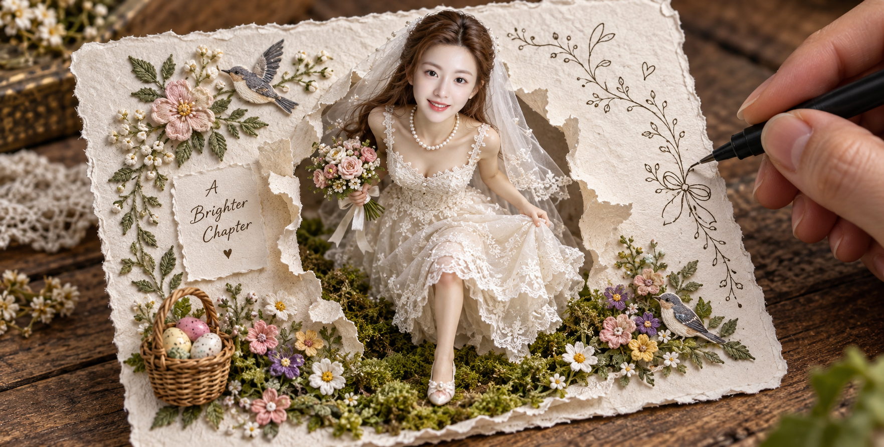 Gros plan d'une mariée miniature en papier artisanal en relief 3D