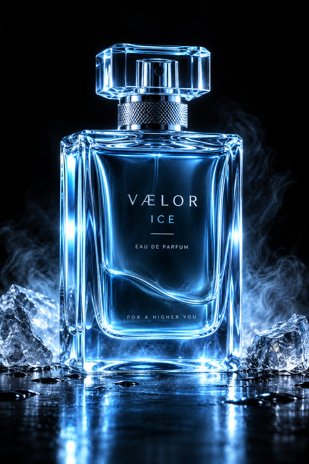 Flacon de parfum en verre bleu glacé à lueur intérieure