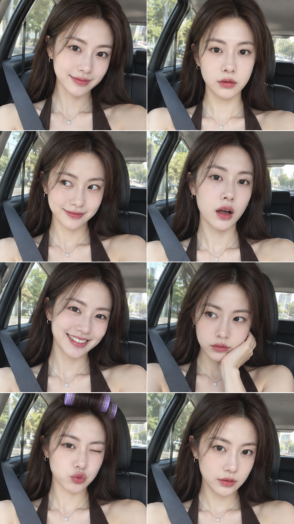 Prompt de photographie réaliste d'un selfie en voiture d'une femme d'Asie de l'Est