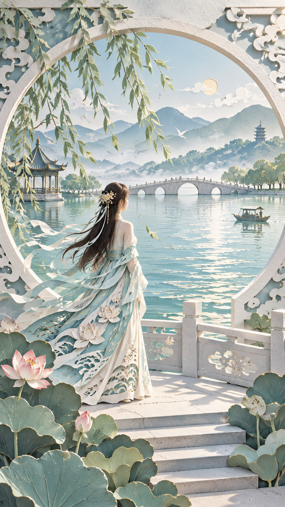 Rêve du lac de l'Ouest d'une femme orientale moderne en sculpture de papier 3D