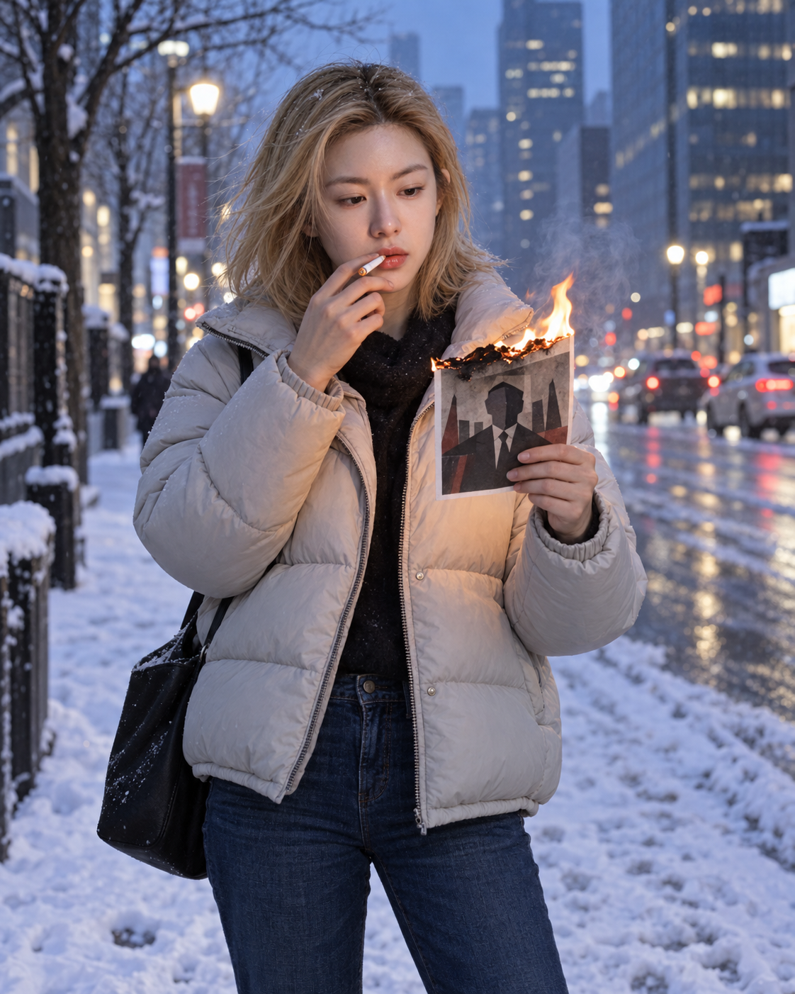 冰雪街头手持燃烧照片点烟的叛逆少女