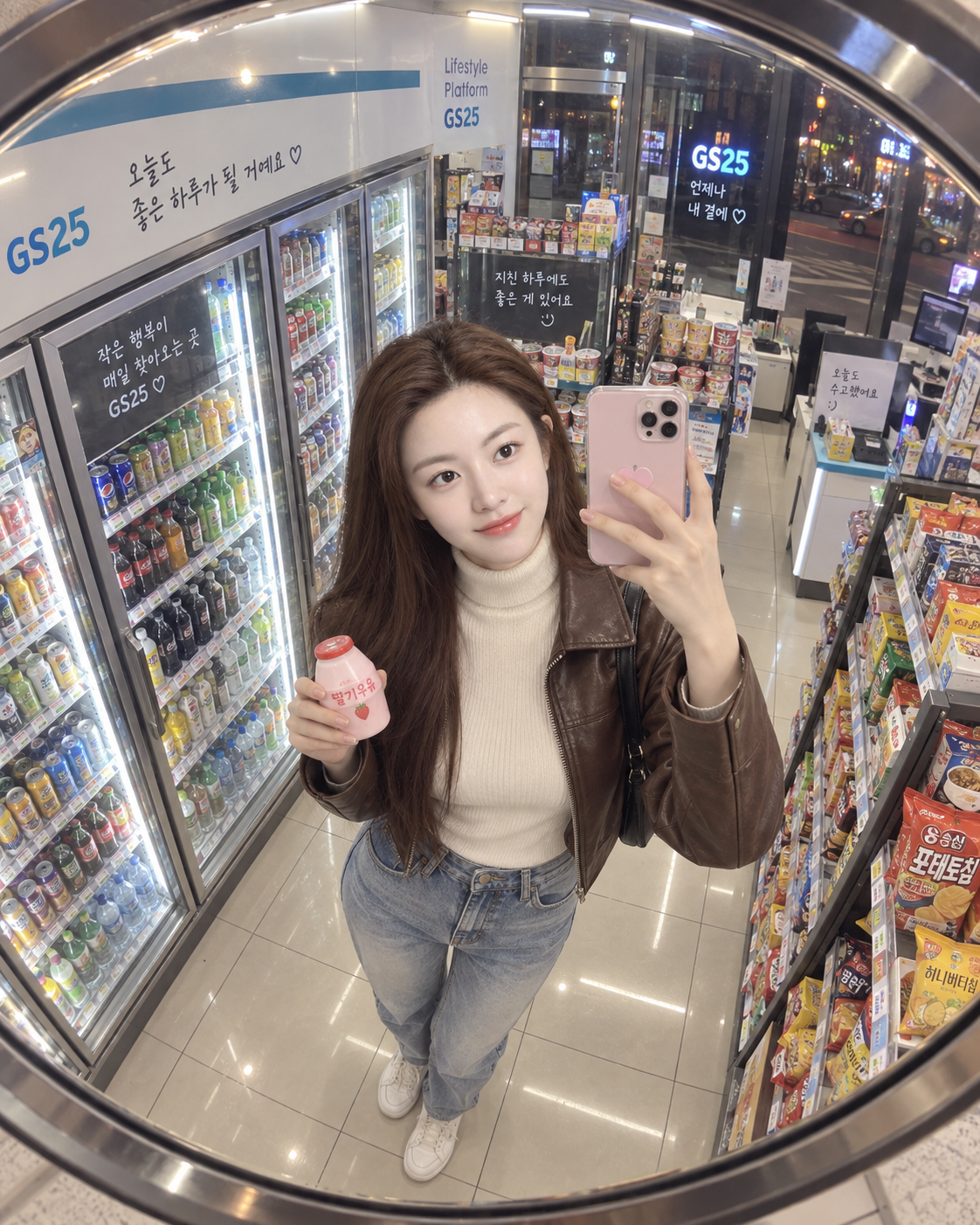 Late-Night Korean Convenience Store Convex Mirror Snapshot