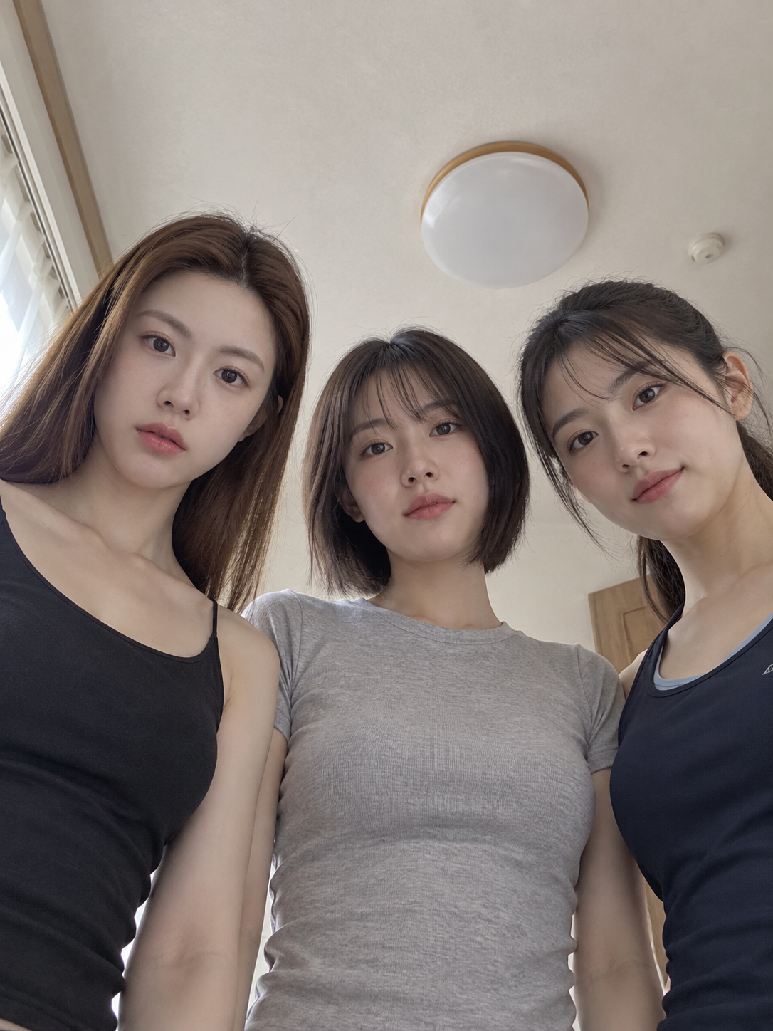 床からの自然なスナップショット：成人日本人女性3名