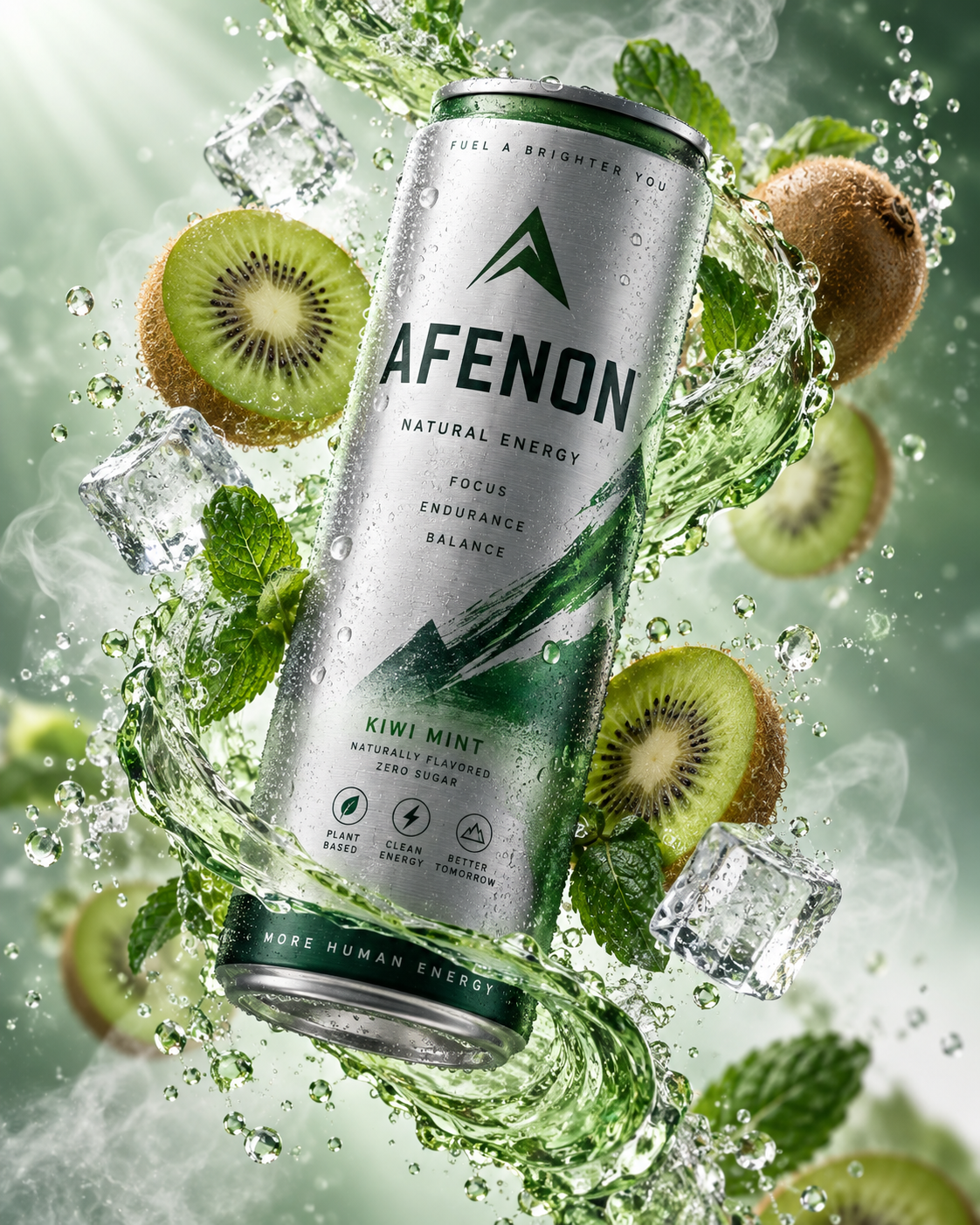 Boisson énergisante verte fraîche en éclaboussure ultra-rapide, visuel publicitaire