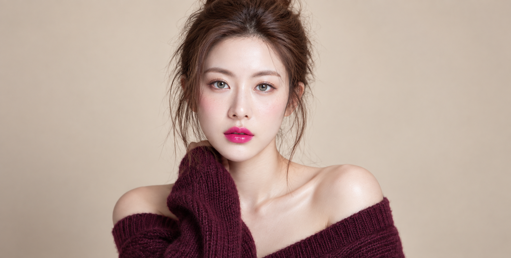亮粉唇妆浅米背景成年女性美妆肖像