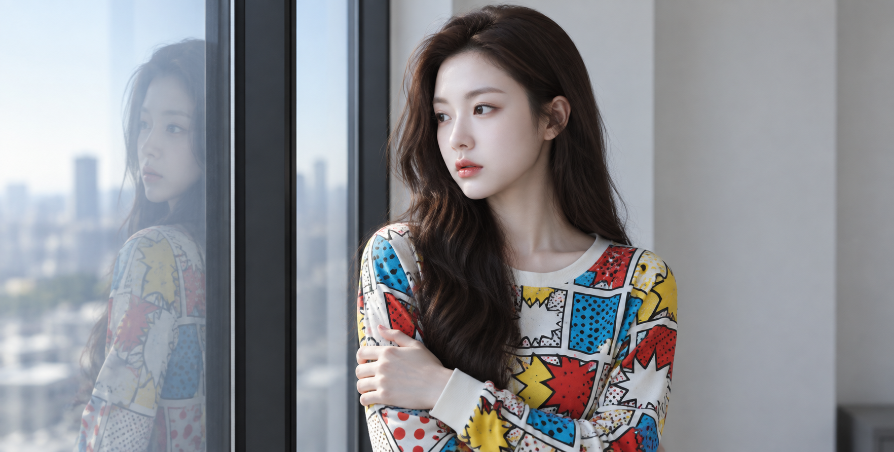 Chân dung pop cổ điển bên cửa sổ đang suy tư