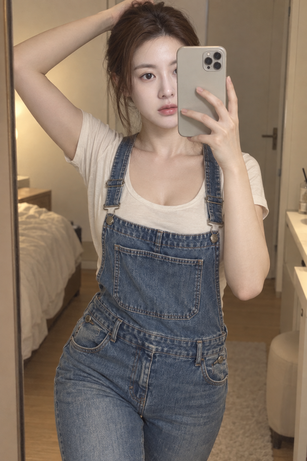 Selfie miroir en salopette dans une chambre à la lumière chaude