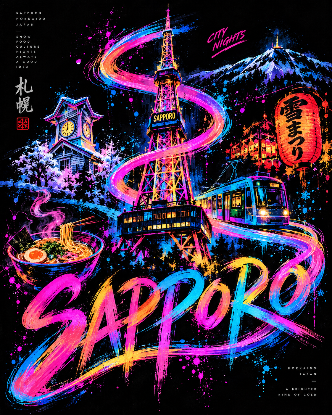 Affiche de voyage ruban néon Sapporo Hokkaido