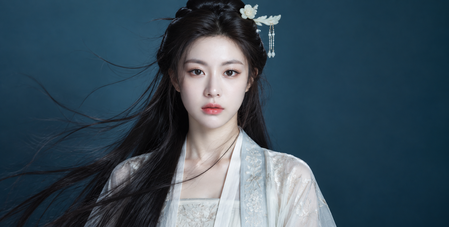 Portrait rapproché d'un épéiste en robe blanche du wuxia oriental - Détails de coiffure et de maquillage