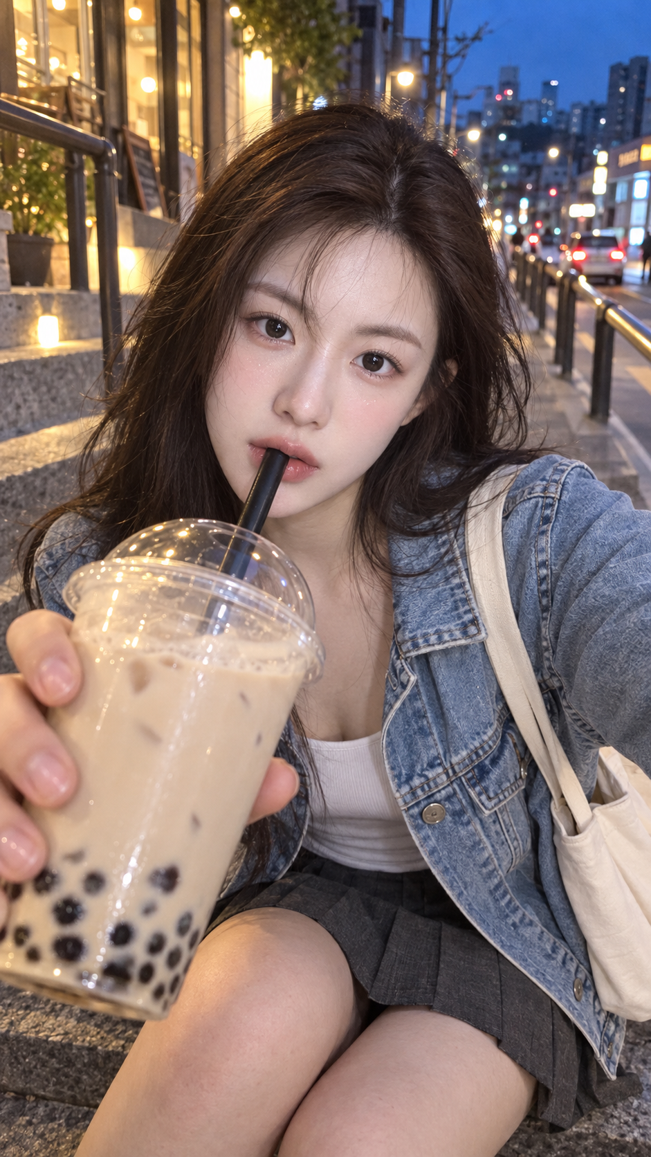 Portrait de vie au thé au lait dans la rue au crépuscule bleu