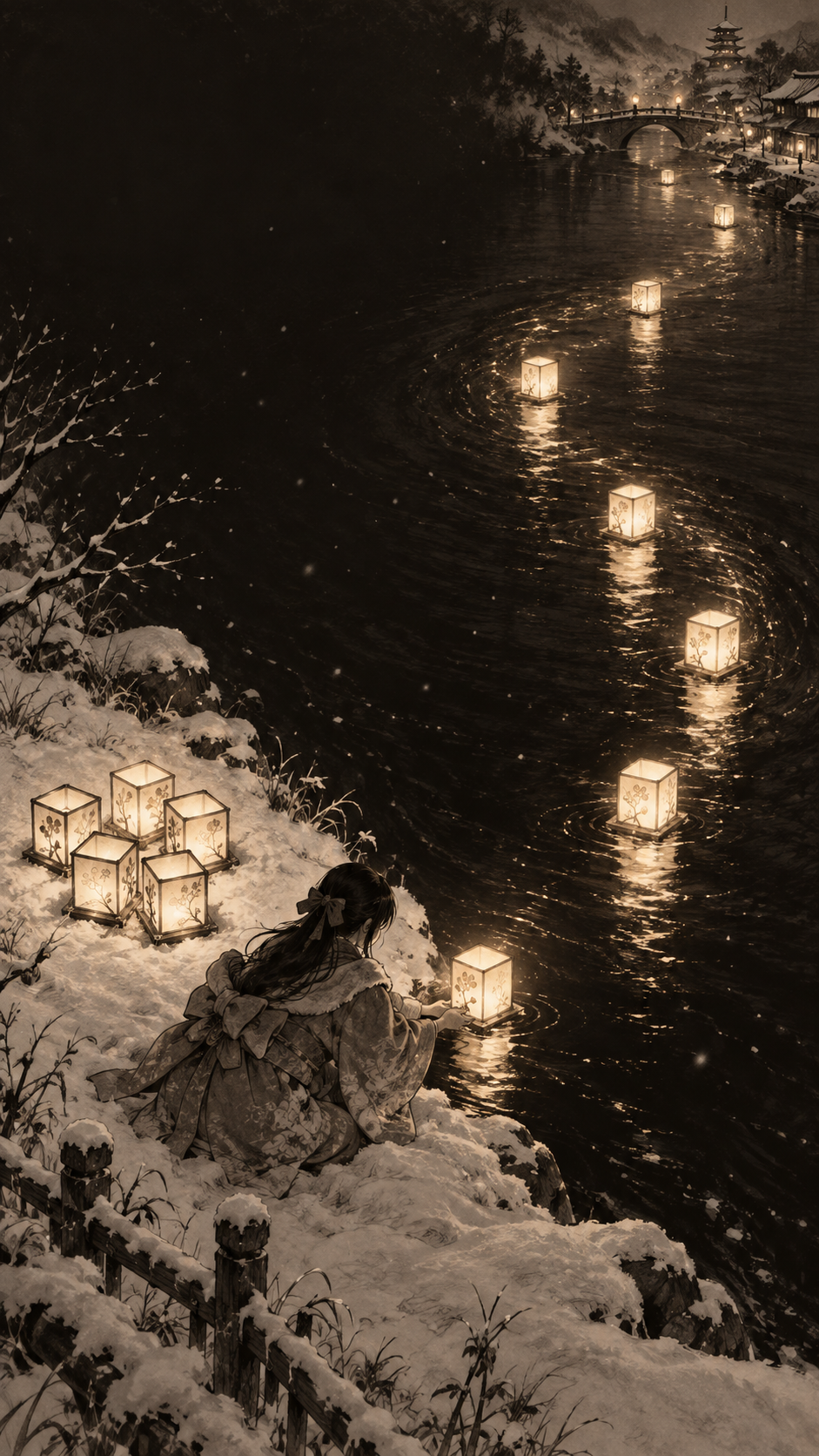 Art conceptuel de lanternes fluviales par une nuit enneigée, avec jeux de lumière en forme de S