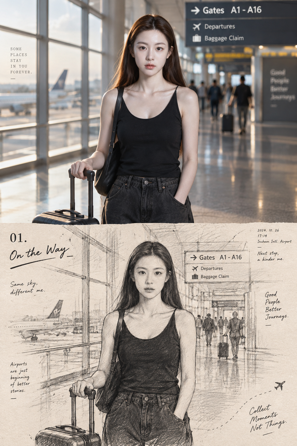 Page d'album d'art de journal de voyage contemporain nostalgique