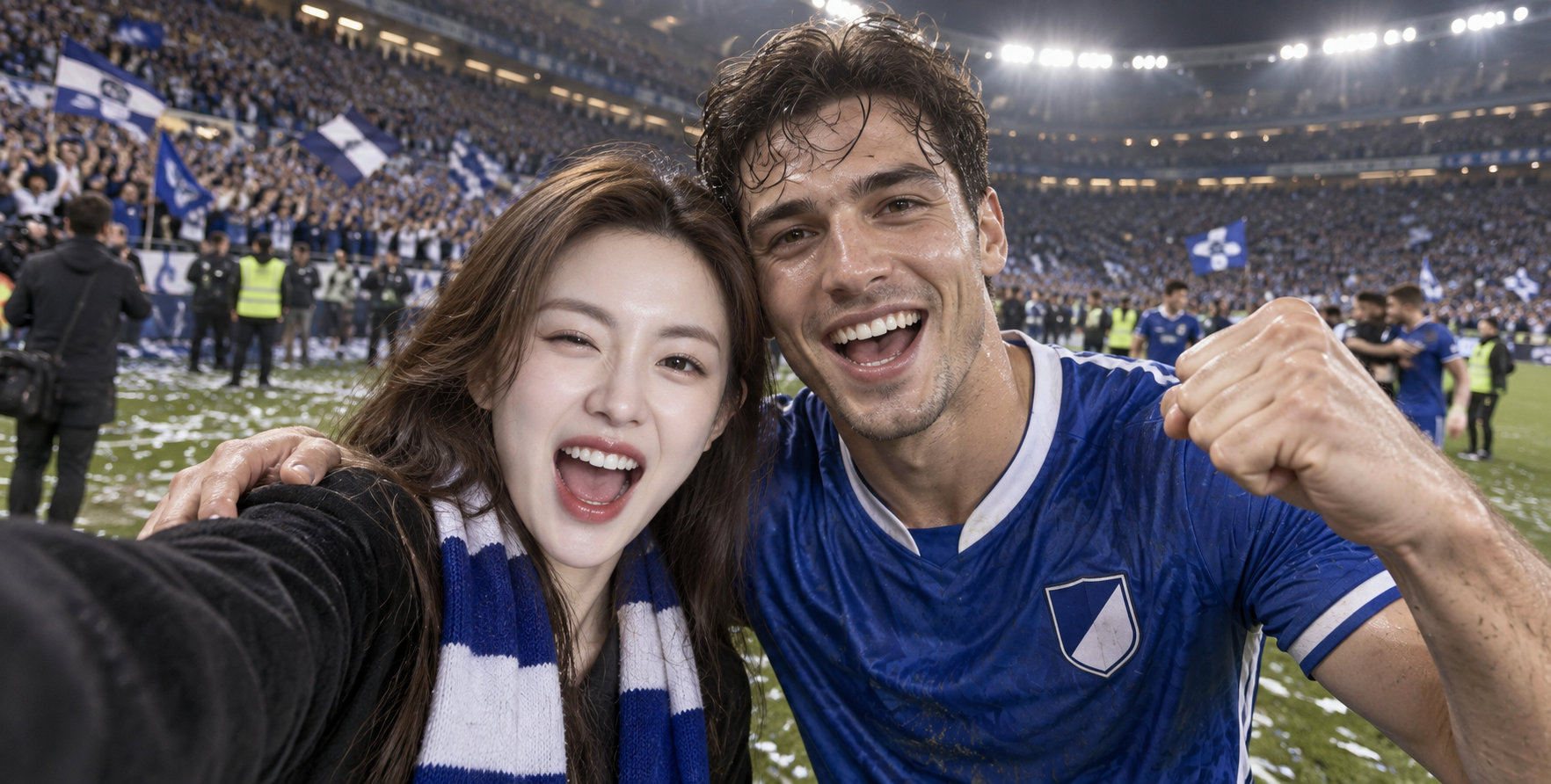 試合後のピッチでサッカーファンとプロ選手が自撮り