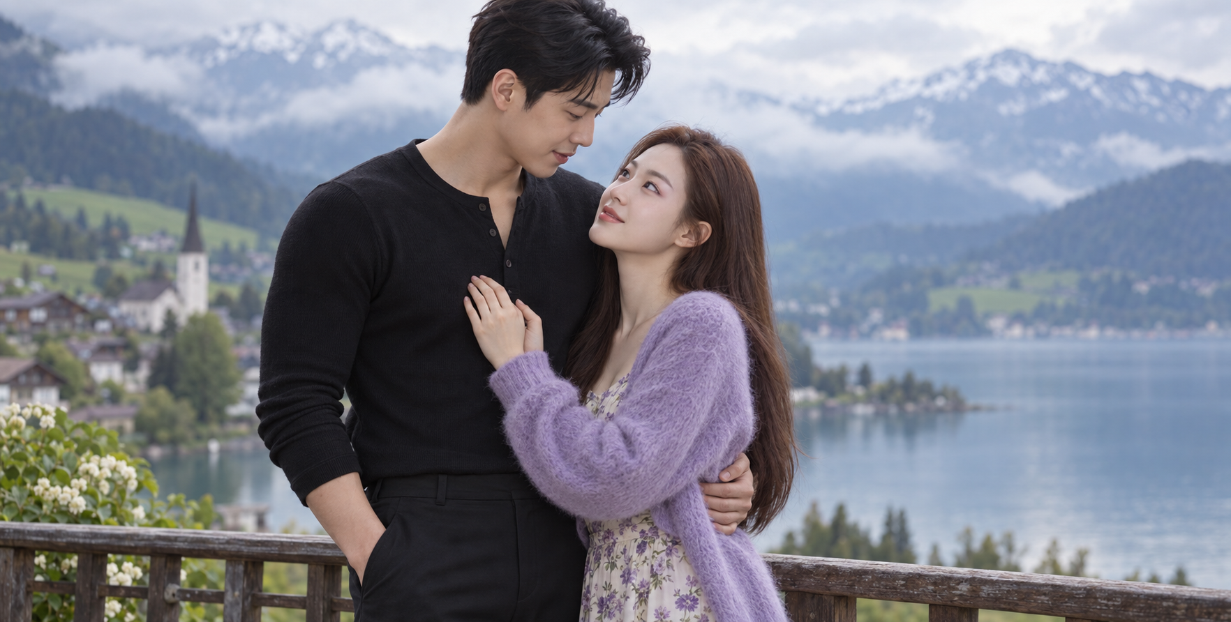 Swiss Lakeside Korean-Style Couple Embracing Portrait