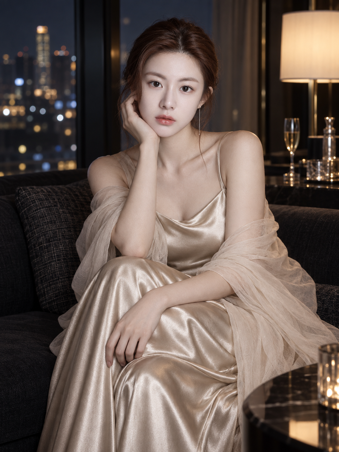 Portrait nocturne à l'hôtel en robe de satin champagne