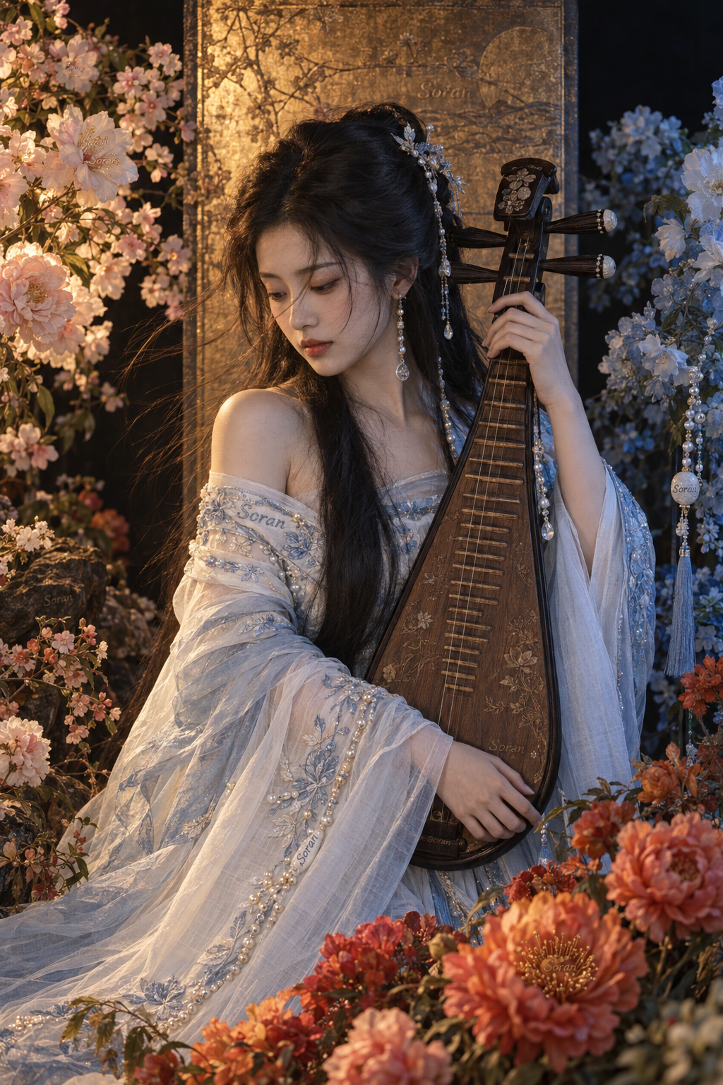 Portrait guofeng au pipa entouré de fleurs en double éclairage chaud et froid
