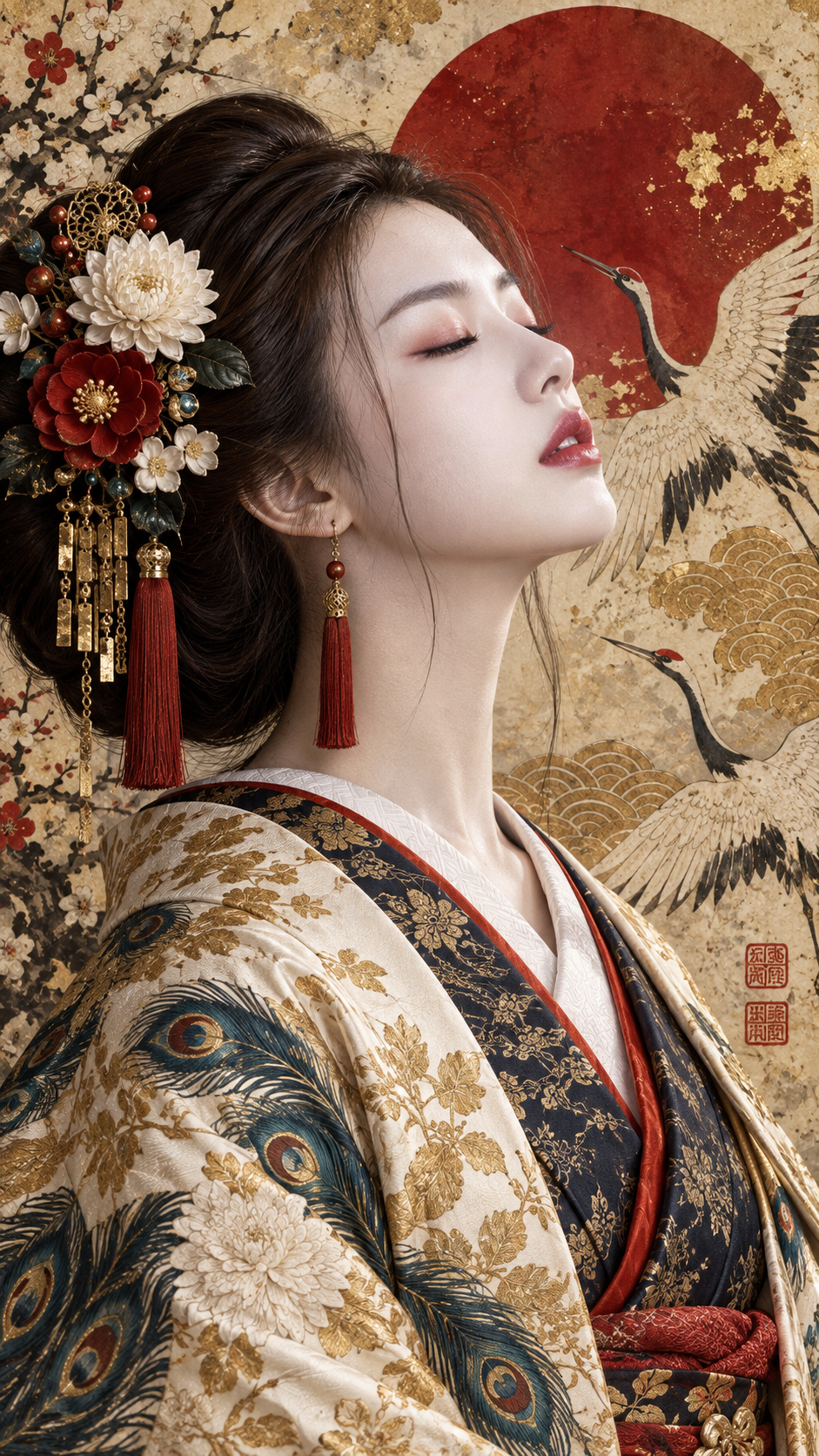 Chân dung cô gái mặc kimono nghiêng mặt theo phong cách ukiyo-e siêu thực