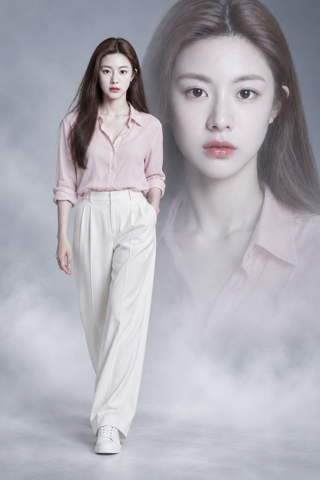映画的なスタジオ二重露光の女性ファッションポートレート