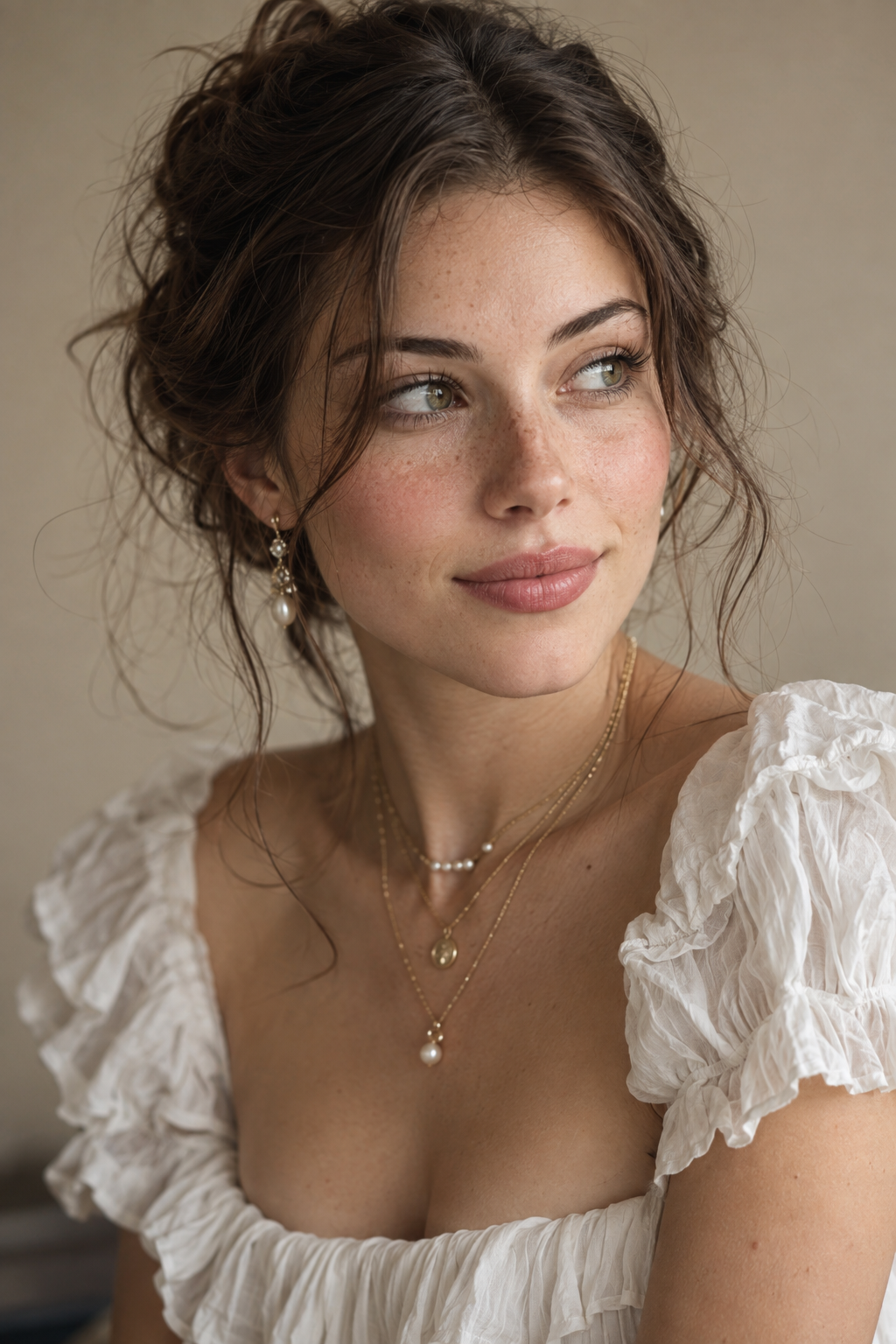 Portrait d'un accessoire doré naturel avec une robe à volants blanche
