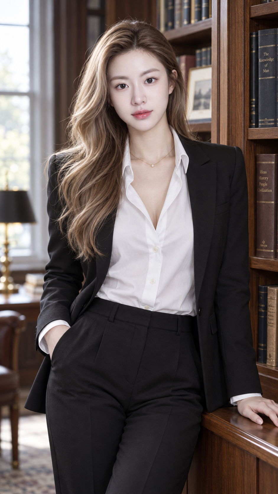 Portrait of an Intellectual Blonde Career Woman in a Study Under Soft Light