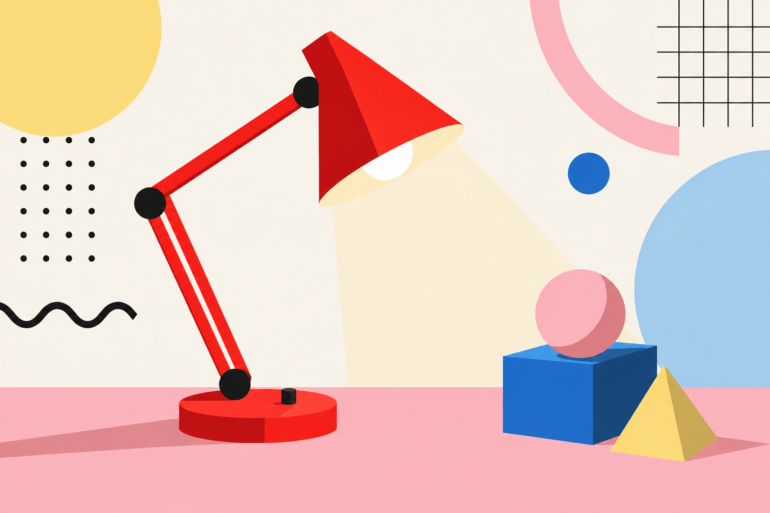 Illustration minimaliste d'une lampe de table géométrique style Memphis