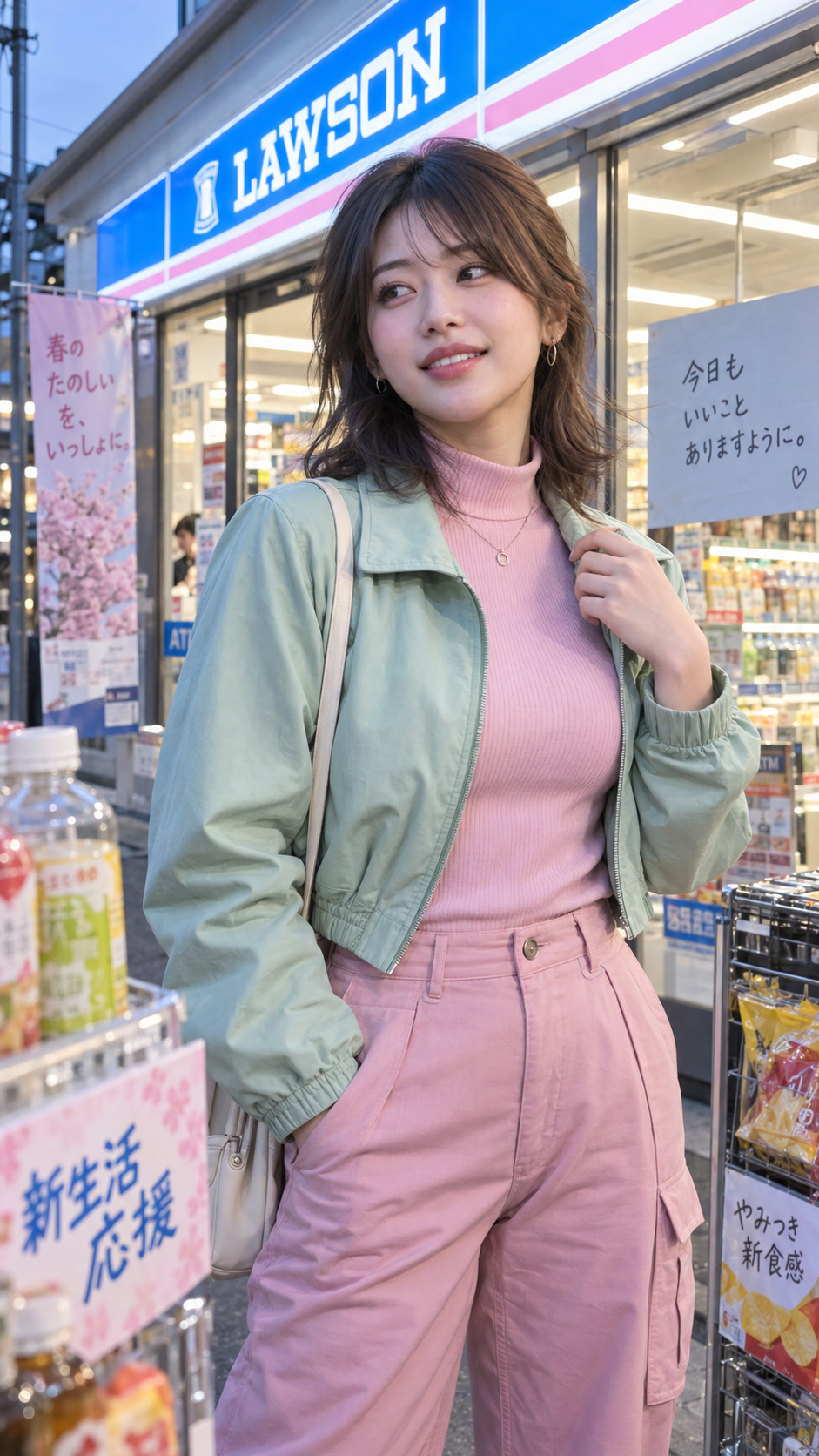 日本のコンビニ街角に溶け込む水着の成人女性ポートレート