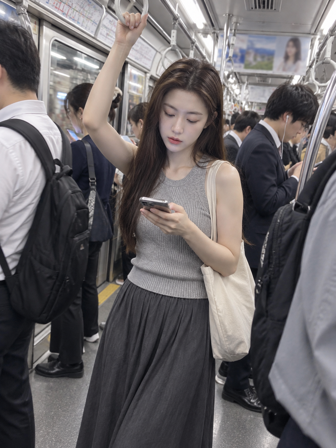 朝のラッシュ時に地下鉄で通勤するアジア人女性のスマホスナップ